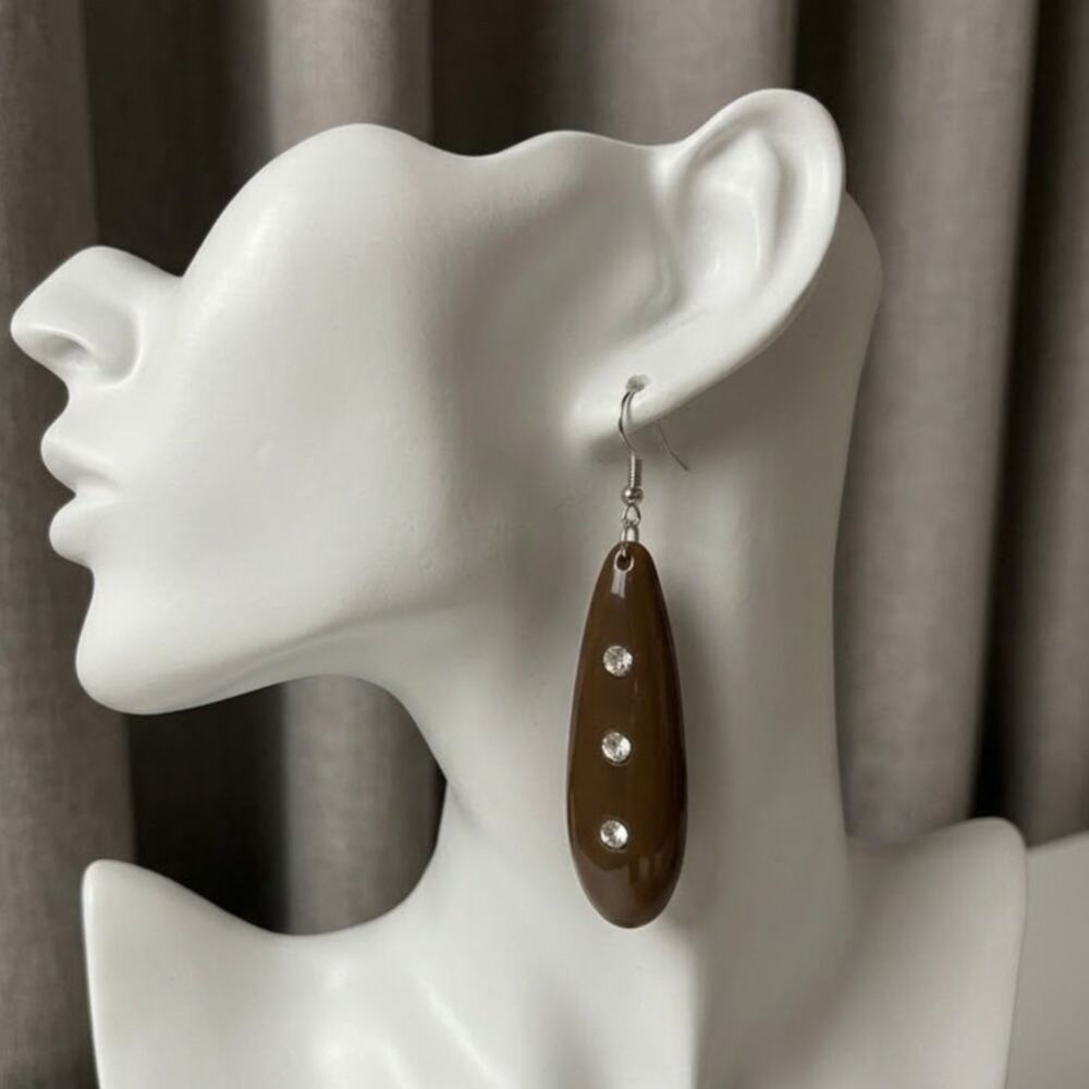 Vintage Y2K Brown Teardrop Rhinestone Dangle Earrings NOS